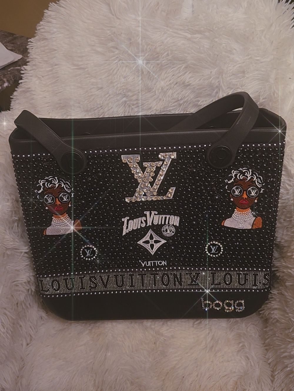 BOGG BAG Black Crystal-Embellished Logo Tote with Graphic Portrait Accents